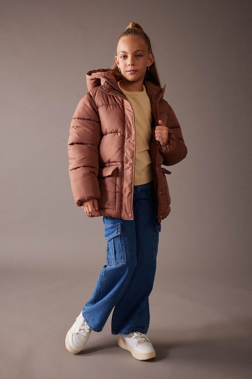 Girls & Teens Light Brown Girl Waterproof Hooded Fleece Lined Puffer Jacket