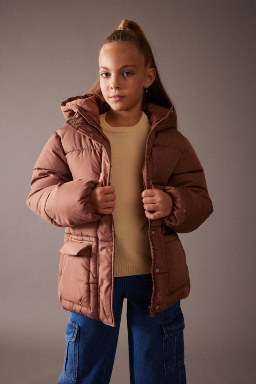Girls & Teens Light Brown Girl Waterproof Hooded Fleece Lined Puffer Jacket