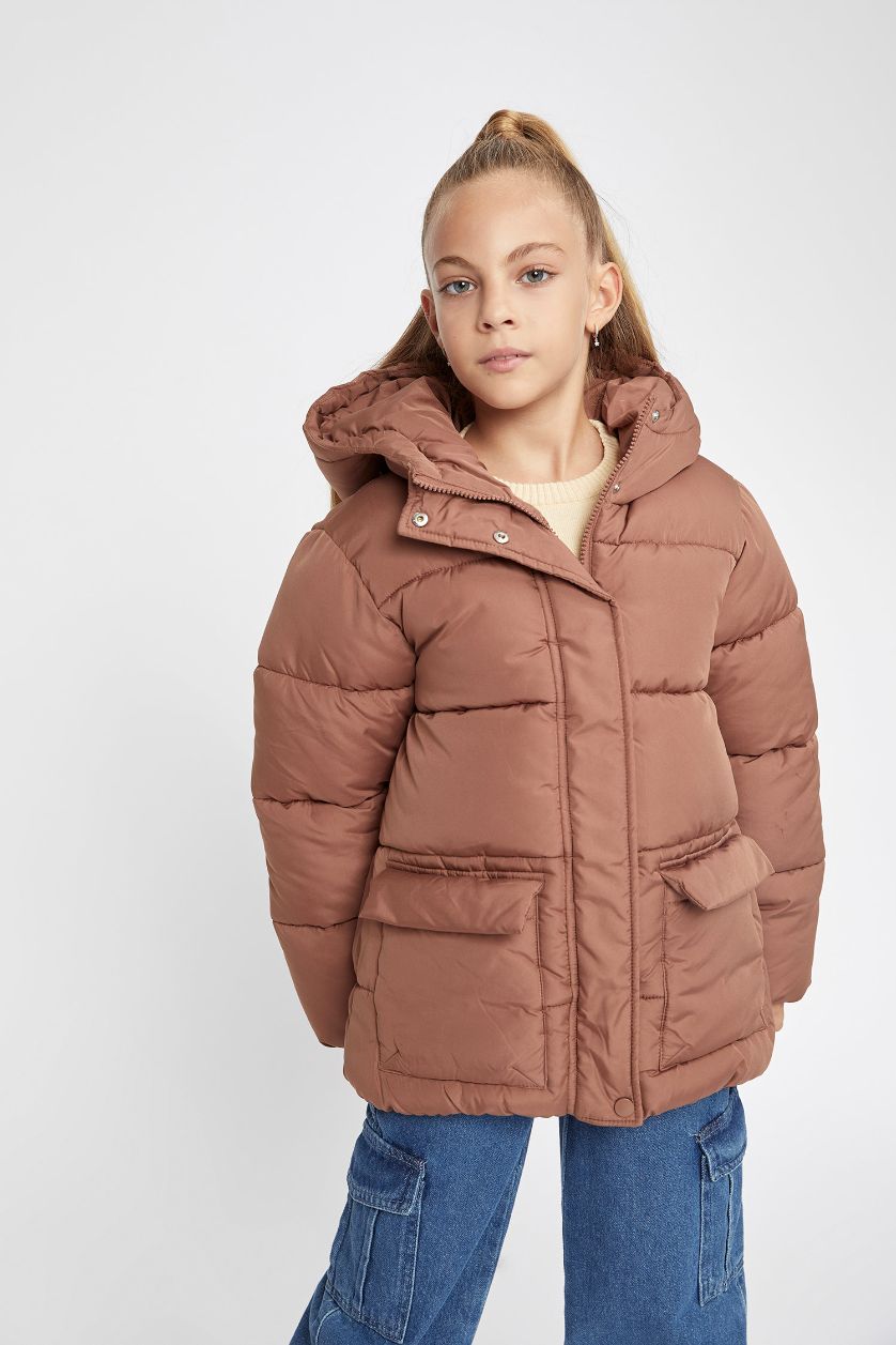 Girls & Teens Light Brown Girl Waterproof Hooded Fleece Lined Puffer Jacket