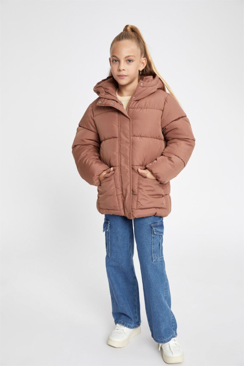 Girls & Teens Light Brown Girl Waterproof Hooded Fleece Lined Puffer Jacket