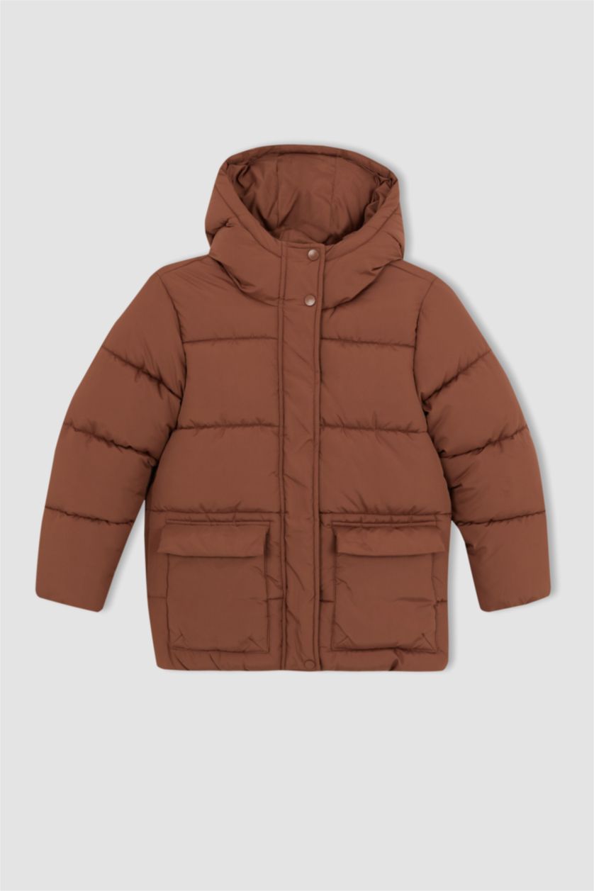 Girls & Teens Light Brown Girl Waterproof Hooded Fleece Lined Puffer Jacket