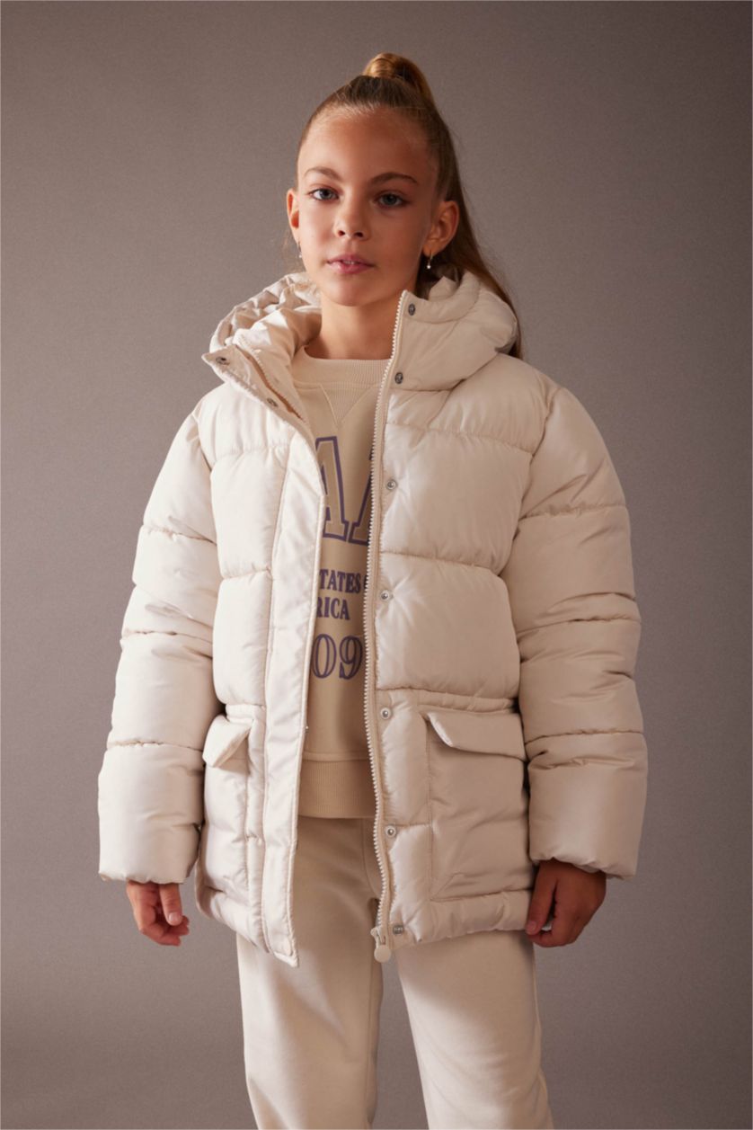 Kız Çocuk - Genç Kız Taş Kız Çocuk Su İtici Kapüşonlu Polar Astarlı Şişme Mont