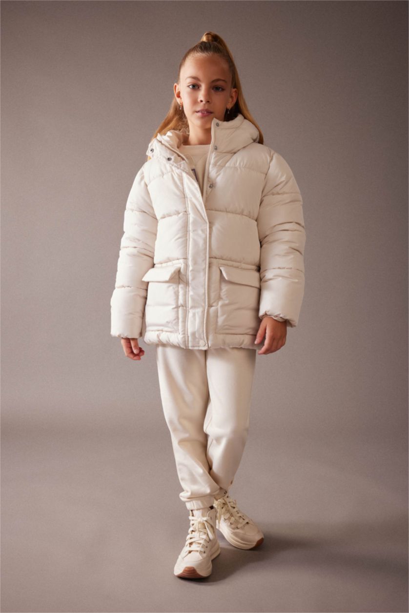 Kız Çocuk - Genç Kız Taş Kız Çocuk Su İtici Kapüşonlu Polar Astarlı Şişme Mont