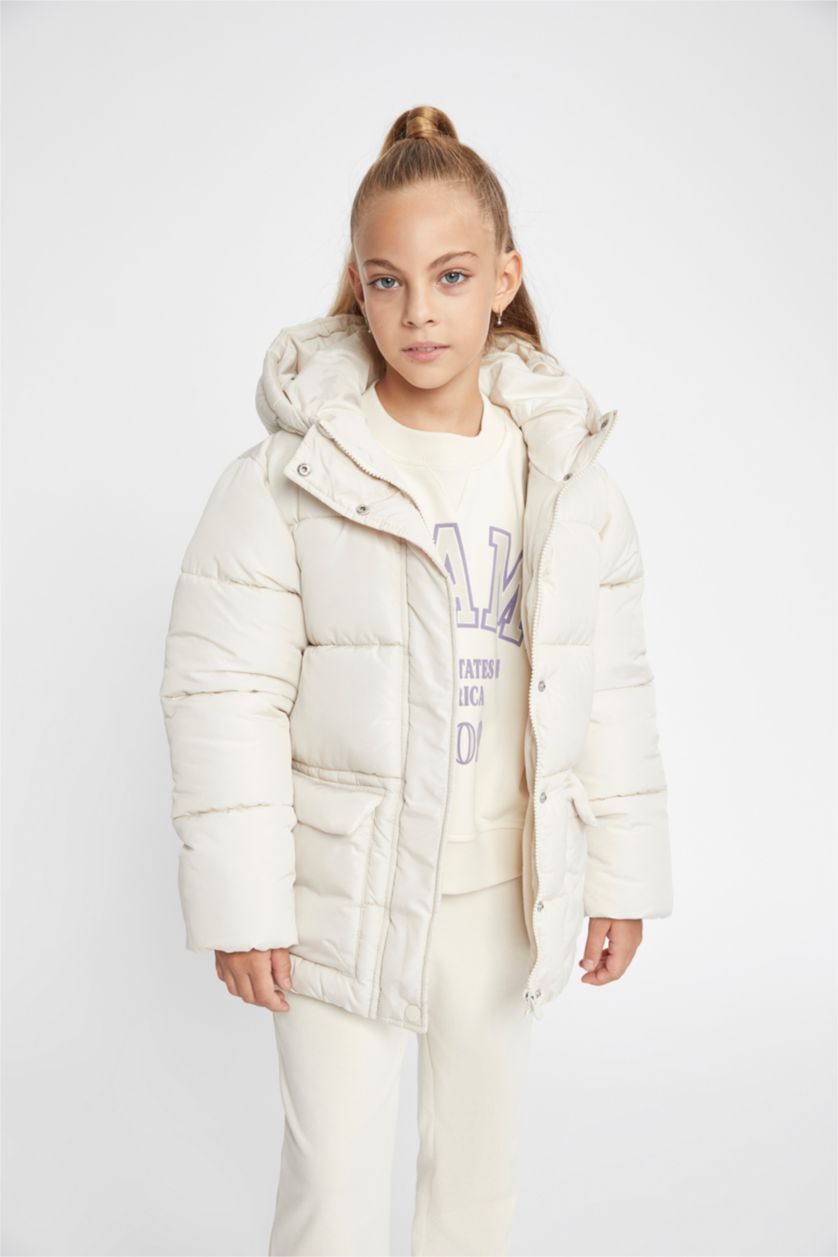 Kız Çocuk - Genç Kız Taş Kız Çocuk Su İtici Kapüşonlu Polar Astarlı Şişme Mont