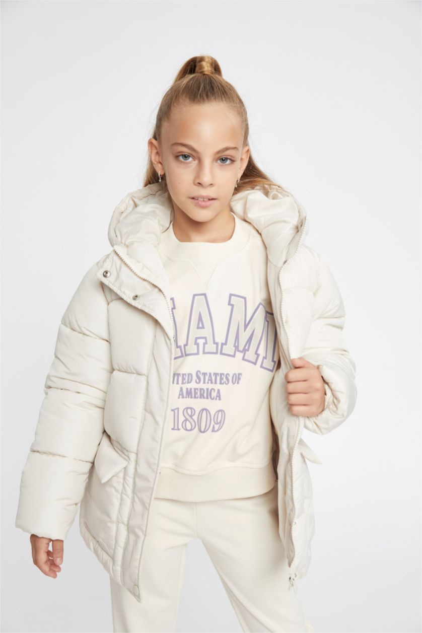 Kız Çocuk - Genç Kız Taş Kız Çocuk Su İtici Kapüşonlu Polar Astarlı Şişme Mont