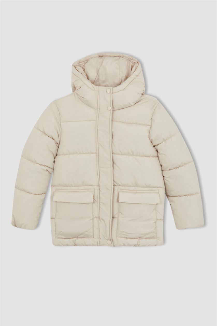 Kız Çocuk - Genç Kız Taş Kız Çocuk Su İtici Kapüşonlu Polar Astarlı Şişme Mont