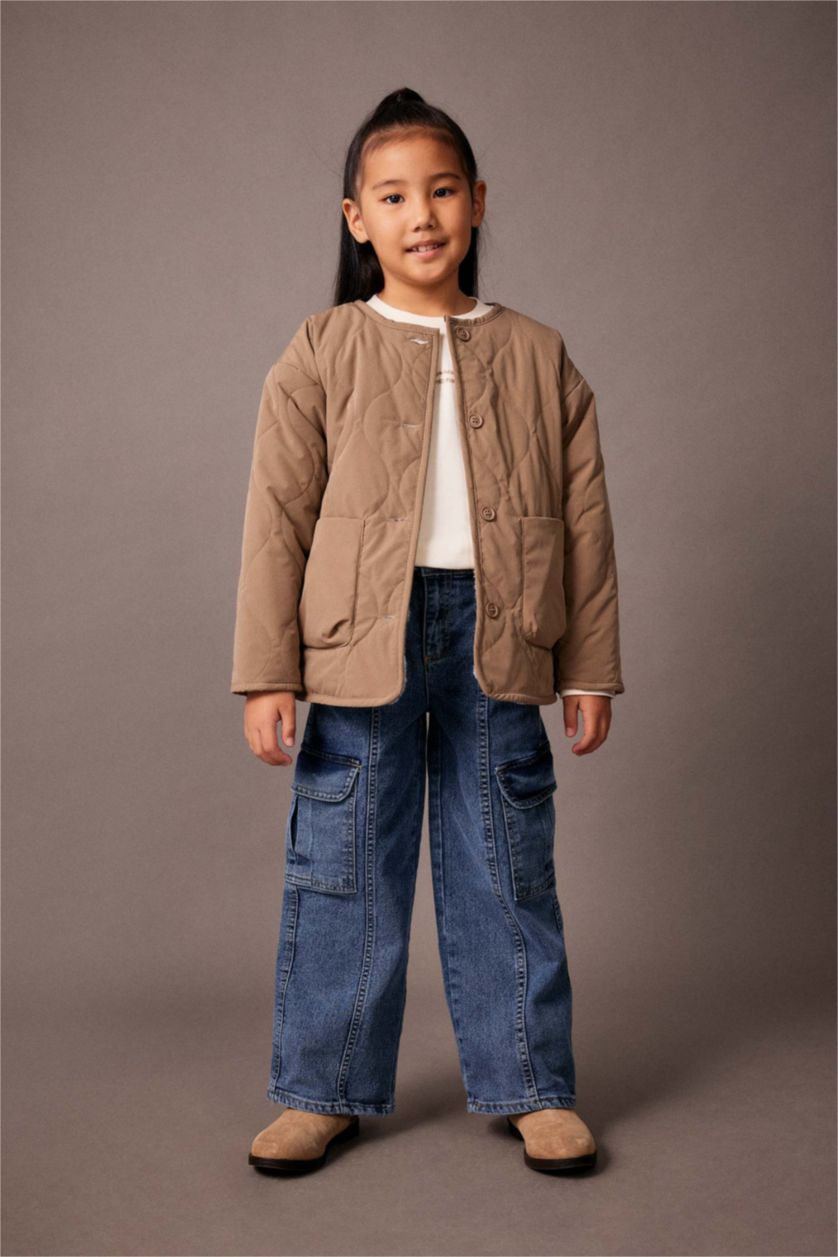 FILLES Beige Doudoune coupe régulière Col Ras Du Cou Fourrure Sur Doublure Réversible Fille