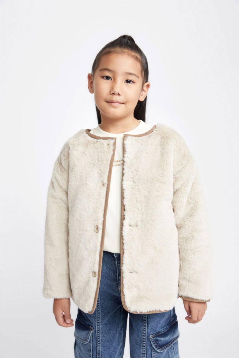 FILLES Beige Doudoune coupe régulière Col Ras Du Cou Fourrure Sur Doublure Réversible Fille