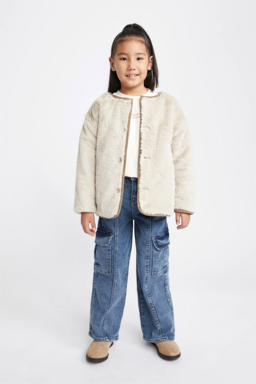 FILLES Beige Doudoune coupe régulière Col Ras Du Cou Fourrure Sur Doublure Réversible Fille