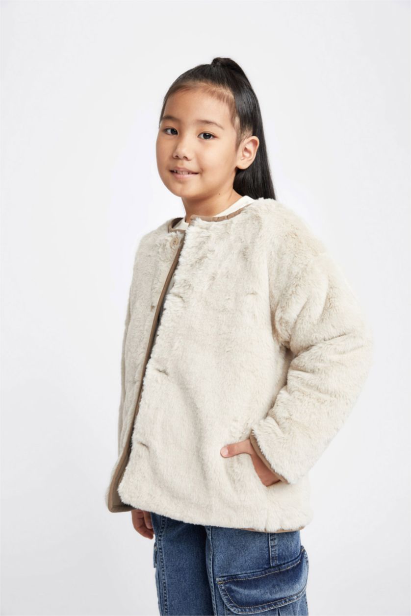 FILLES Beige Doudoune coupe régulière Col Ras Du Cou Fourrure Sur Doublure Réversible Fille