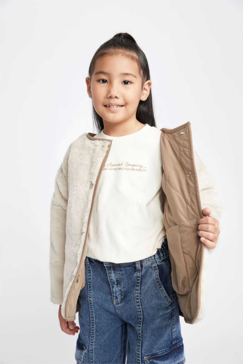 FILLES Beige Doudoune coupe régulière Col Ras Du Cou Fourrure Sur Doublure Réversible Fille