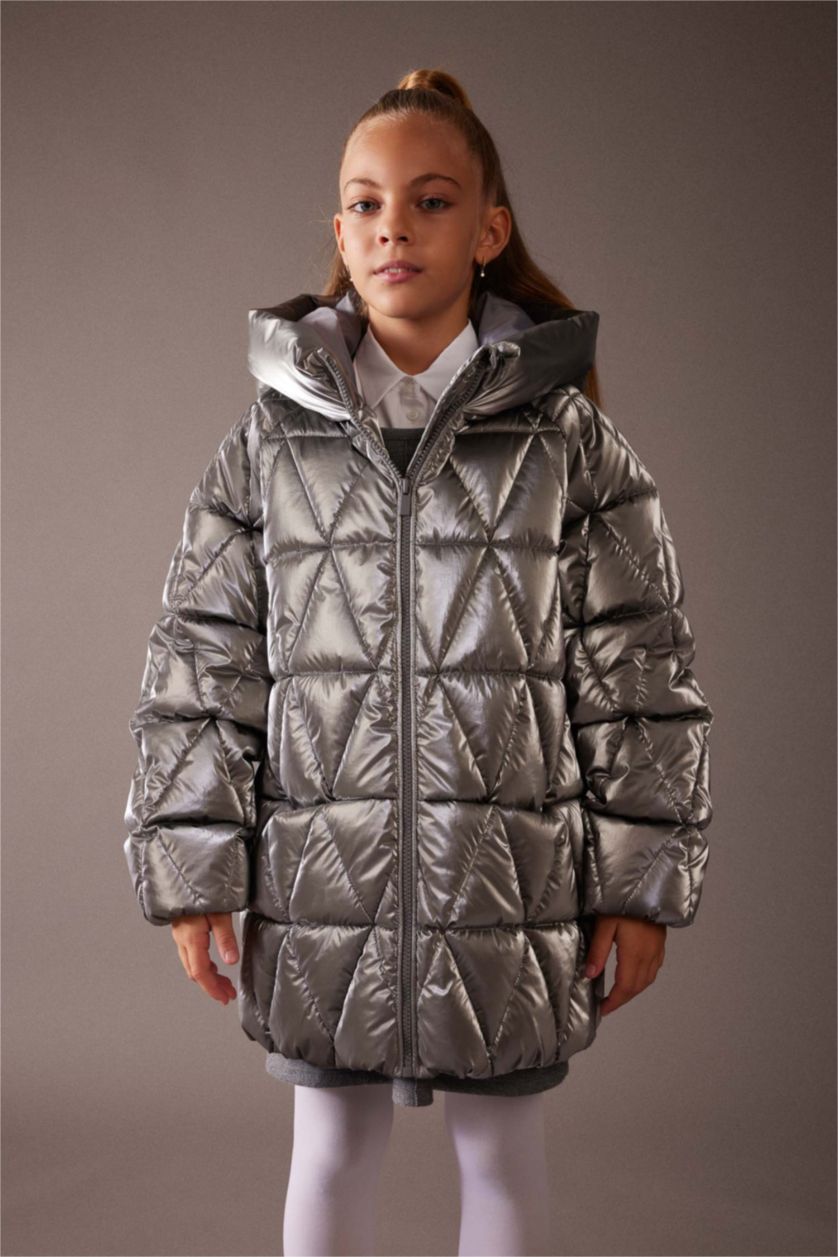 GIRLS & TEENS Grey Girl Hooded Fleece Lined Shiny Puffer Jacket