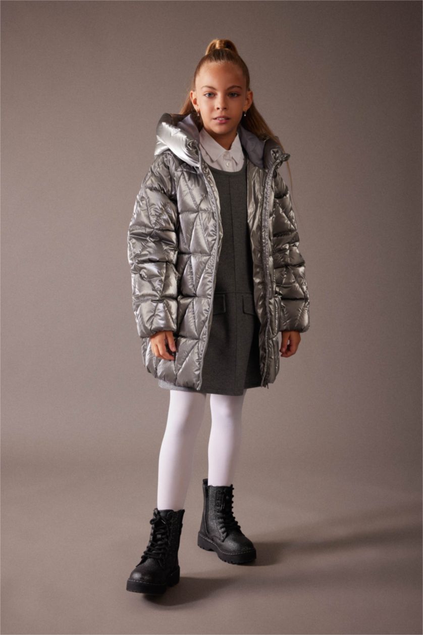 GIRLS & TEENS Grey Girl Hooded Fleece Lined Shiny Puffer Jacket
