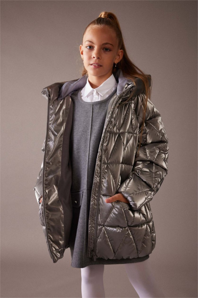 GIRLS & TEENS Grey Girl Hooded Fleece Lined Shiny Puffer Jacket