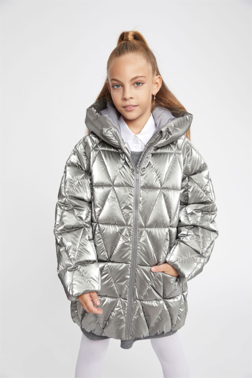 GIRLS & TEENS Grey Girl Hooded Fleece Lined Shiny Puffer Jacket