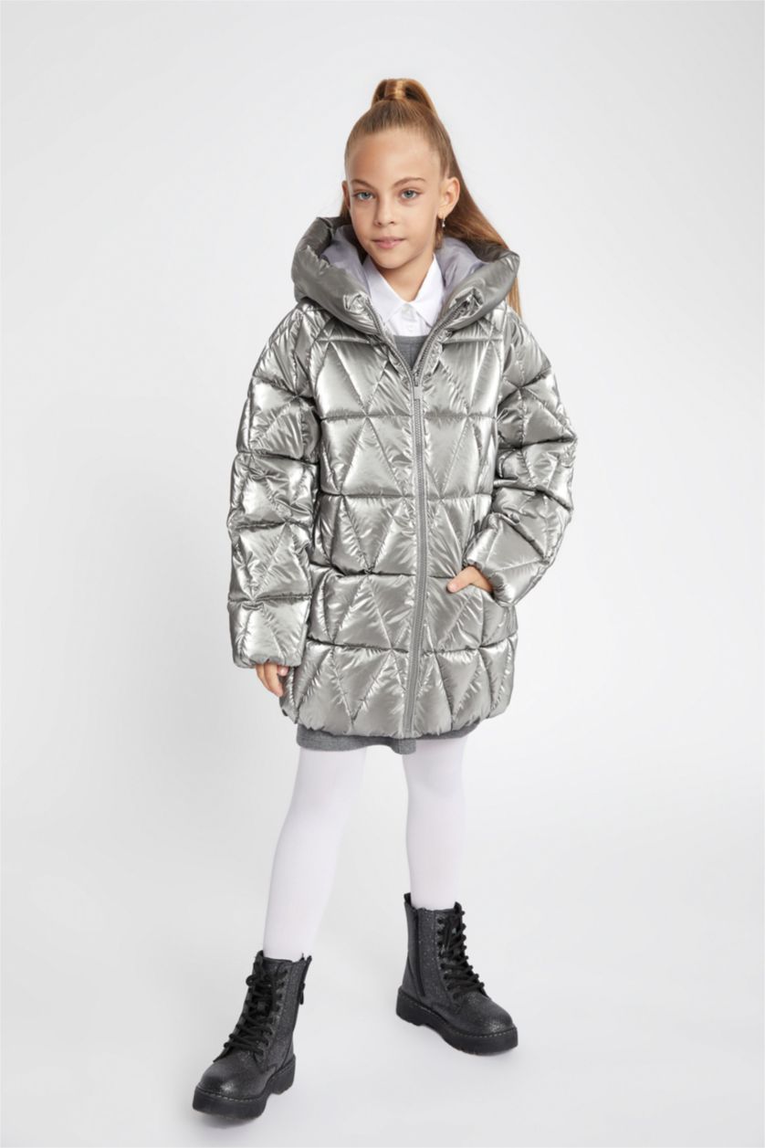 GIRLS & TEENS Grey Girl Hooded Fleece Lined Shiny Puffer Jacket