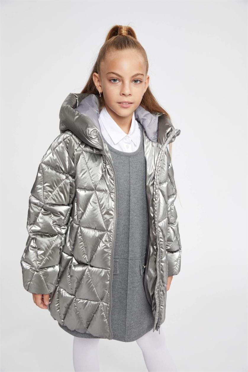 GIRLS & TEENS Grey Girl Hooded Fleece Lined Shiny Puffer Jacket