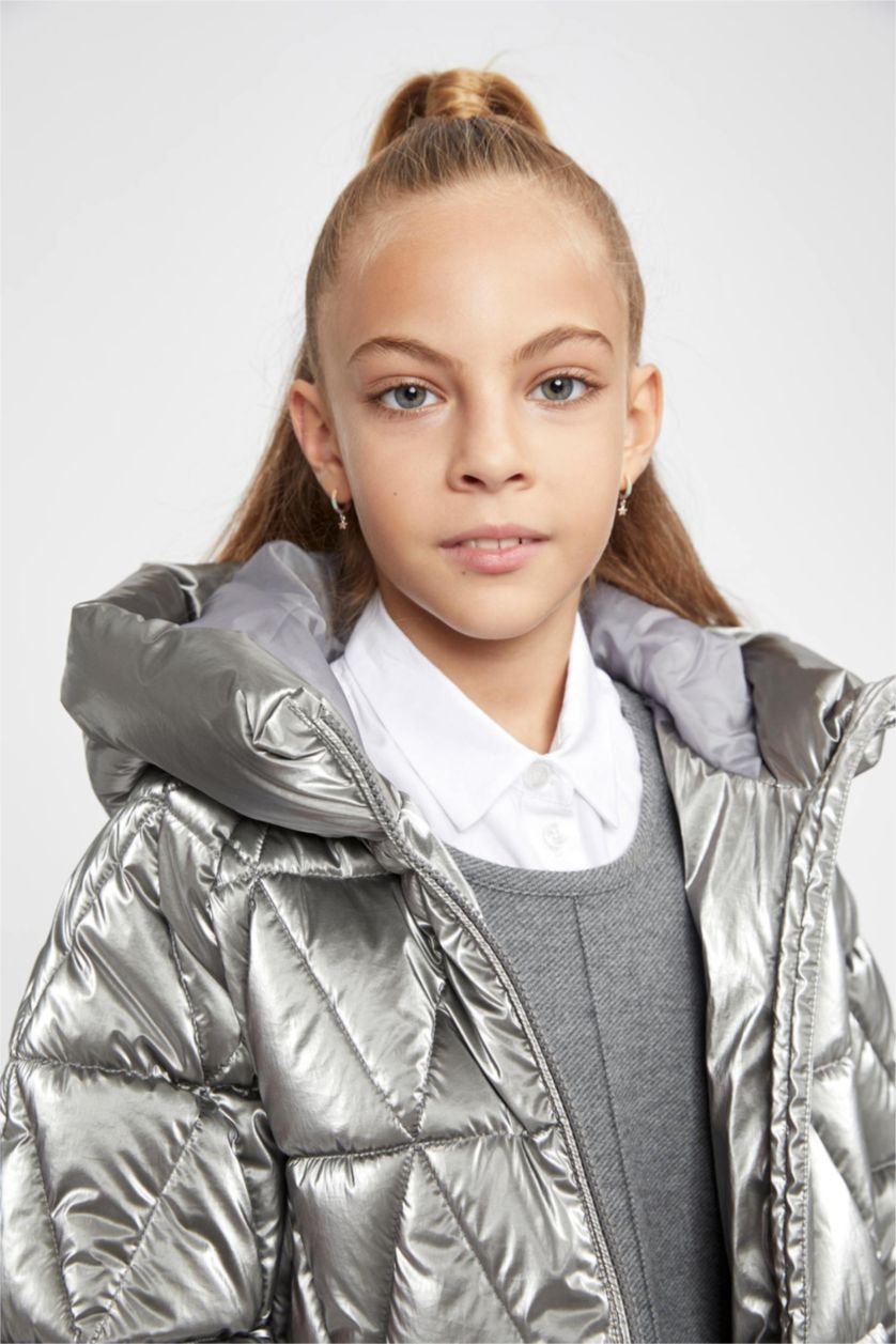 GIRLS & TEENS Grey Girl Hooded Fleece Lined Shiny Puffer Jacket
