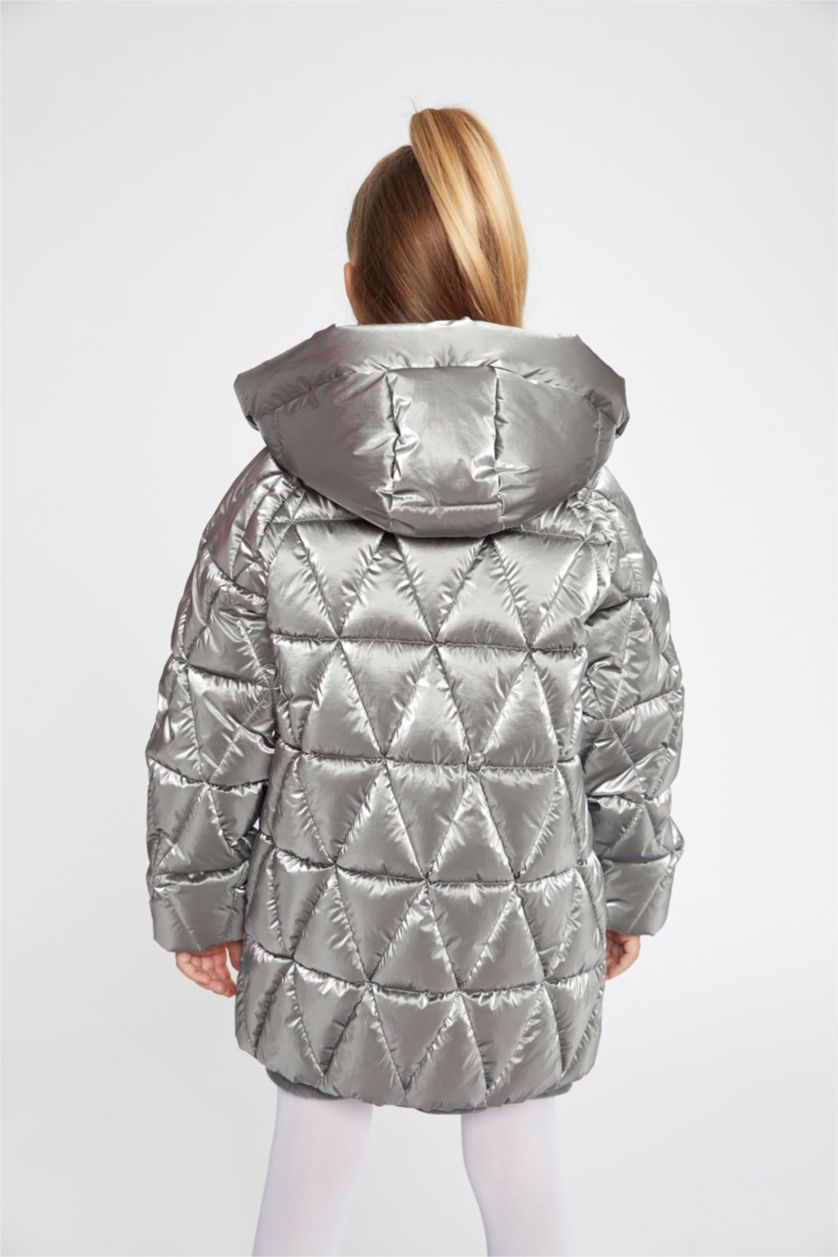 GIRLS & TEENS Grey Girl Hooded Fleece Lined Shiny Puffer Jacket
