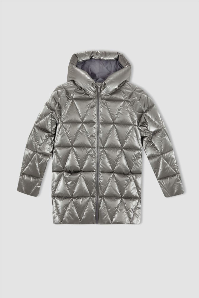 GIRLS & TEENS Grey Girl Hooded Fleece Lined Shiny Puffer Jacket