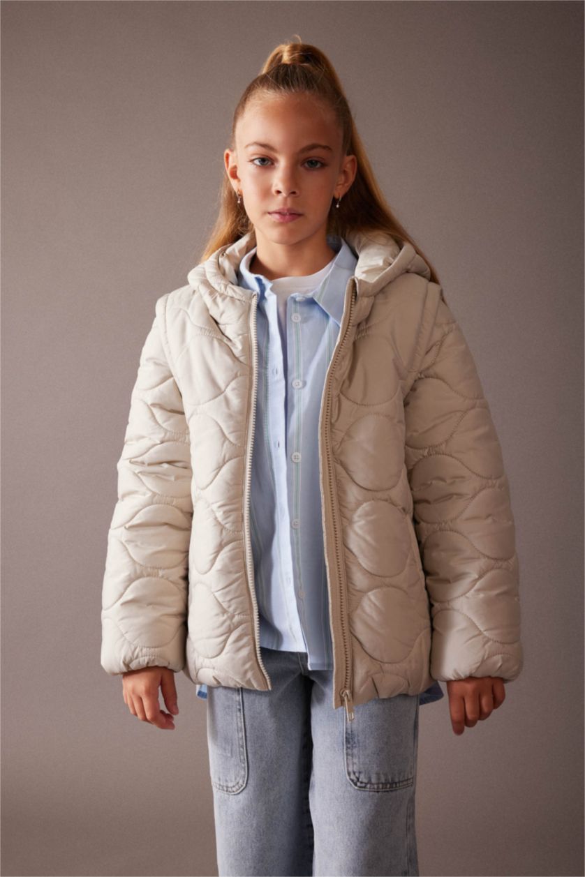 FILLES Beige Doudoune à capuche imperméable à manches amovibles Pour Fille
