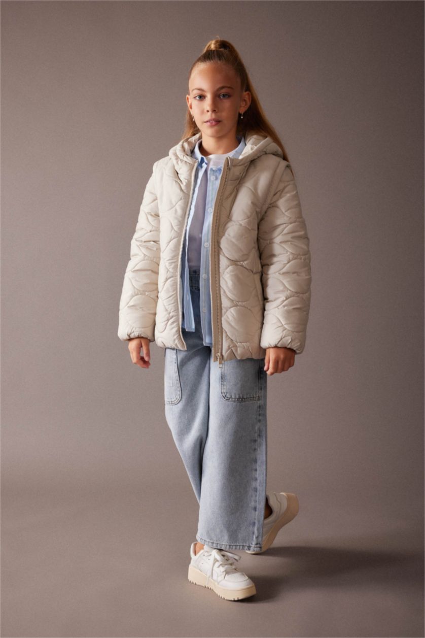 FILLES Beige Doudoune à capuche imperméable à manches amovibles Pour Fille