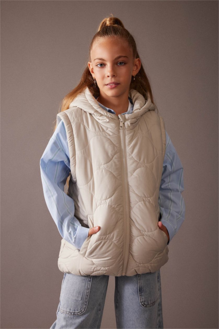FILLES Beige Doudoune à capuche imperméable à manches amovibles Pour Fille