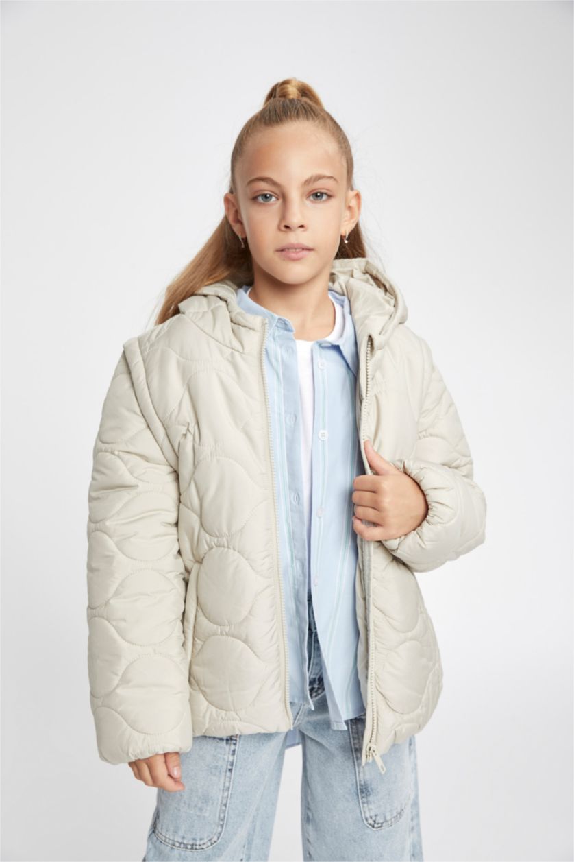 FILLES Beige Doudoune à capuche imperméable à manches amovibles Pour Fille
