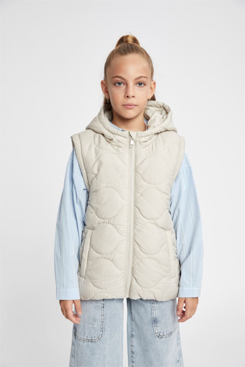 FILLES Beige Doudoune à capuche imperméable à manches amovibles Pour Fille