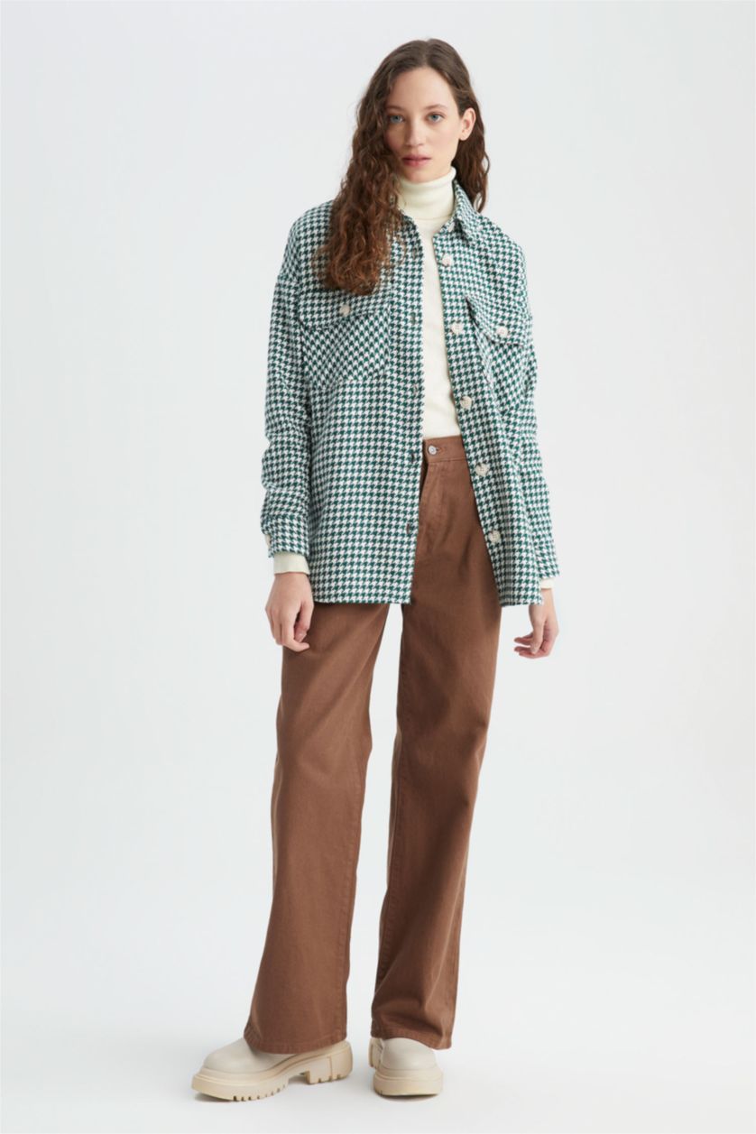 FEMME Vert Tunique Coupe Oversize Col De Chemise à Manches Longues