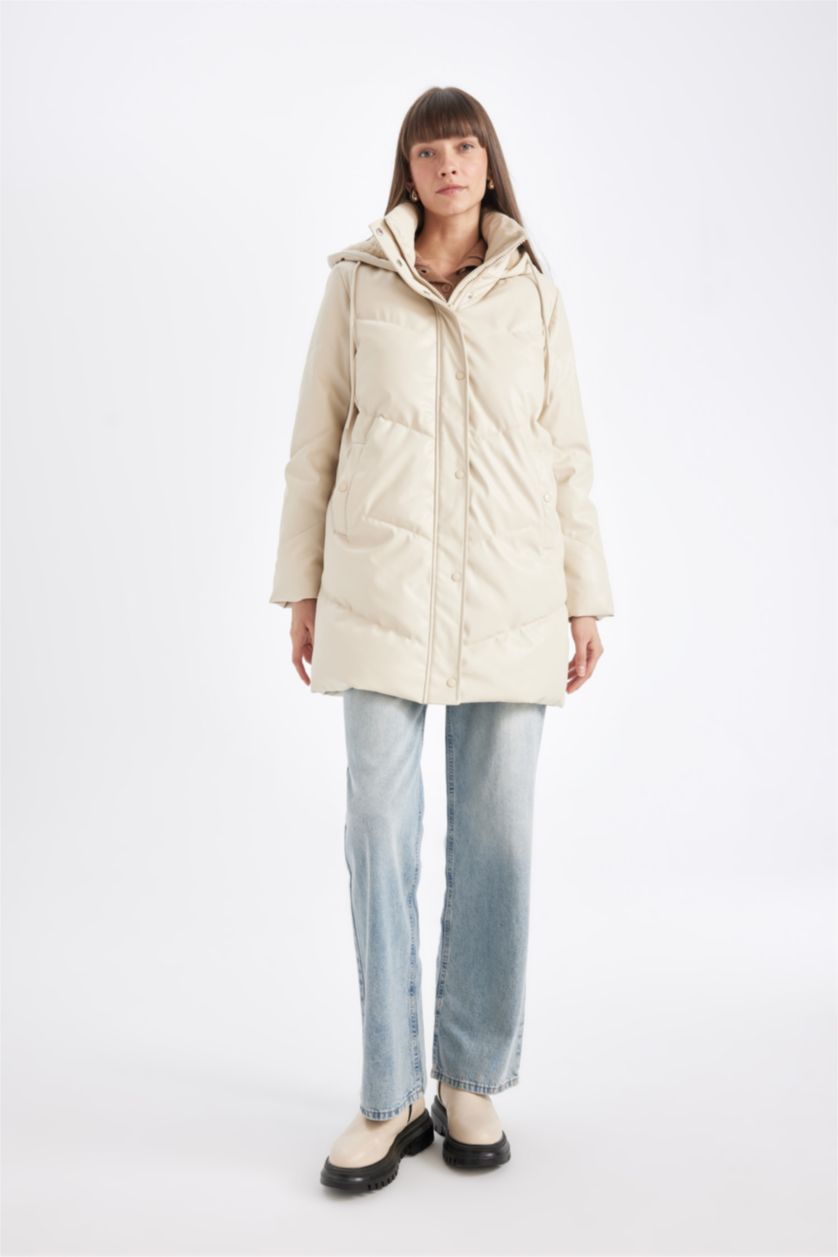 Kadın Ekru Su Geçirmez Uzun Şişme Mont Parka Isı Yalıtımlı Kapitoneli Kapüşonlu Puffer