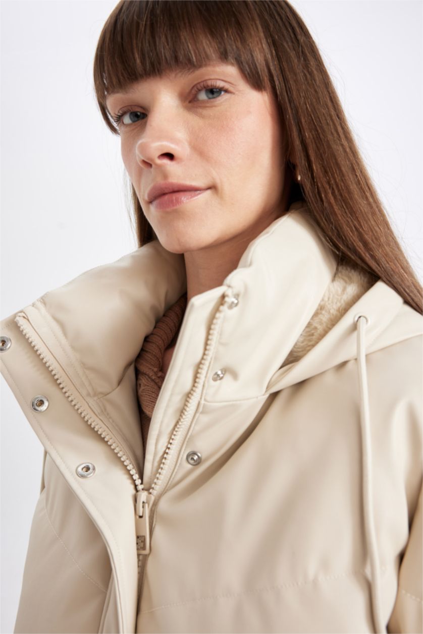 Kadın Ekru Su Geçirmez Uzun Şişme Mont Parka Isı Yalıtımlı Kapitoneli Kapüşonlu Puffer