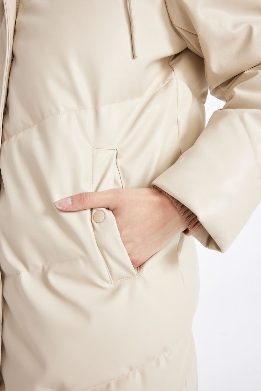 Kadın Ekru Su Geçirmez Uzun Şişme Mont Parka Isı Yalıtımlı Kapitoneli Kapüşonlu Puffer