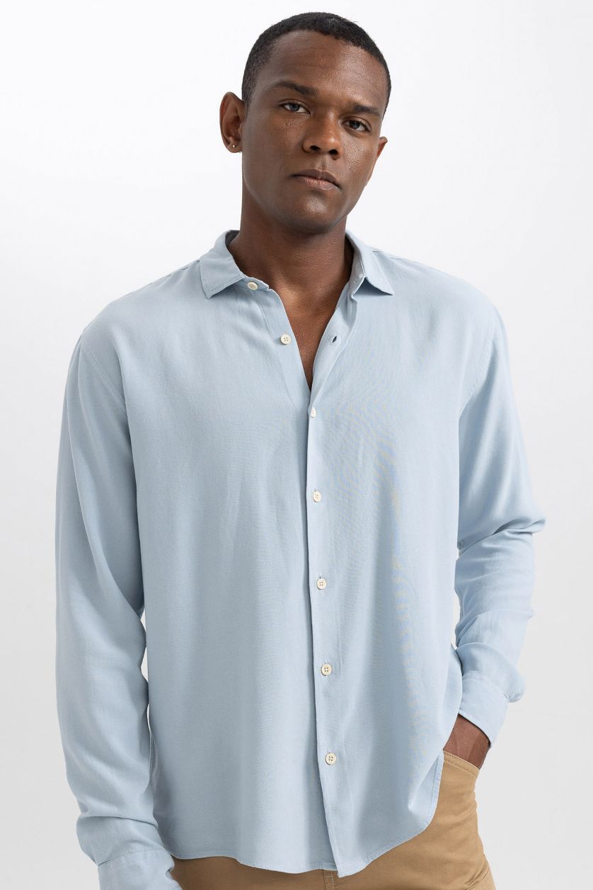 HOMME BLEU Clair Chemise En Lin Coupe Régulière À Manches Longues