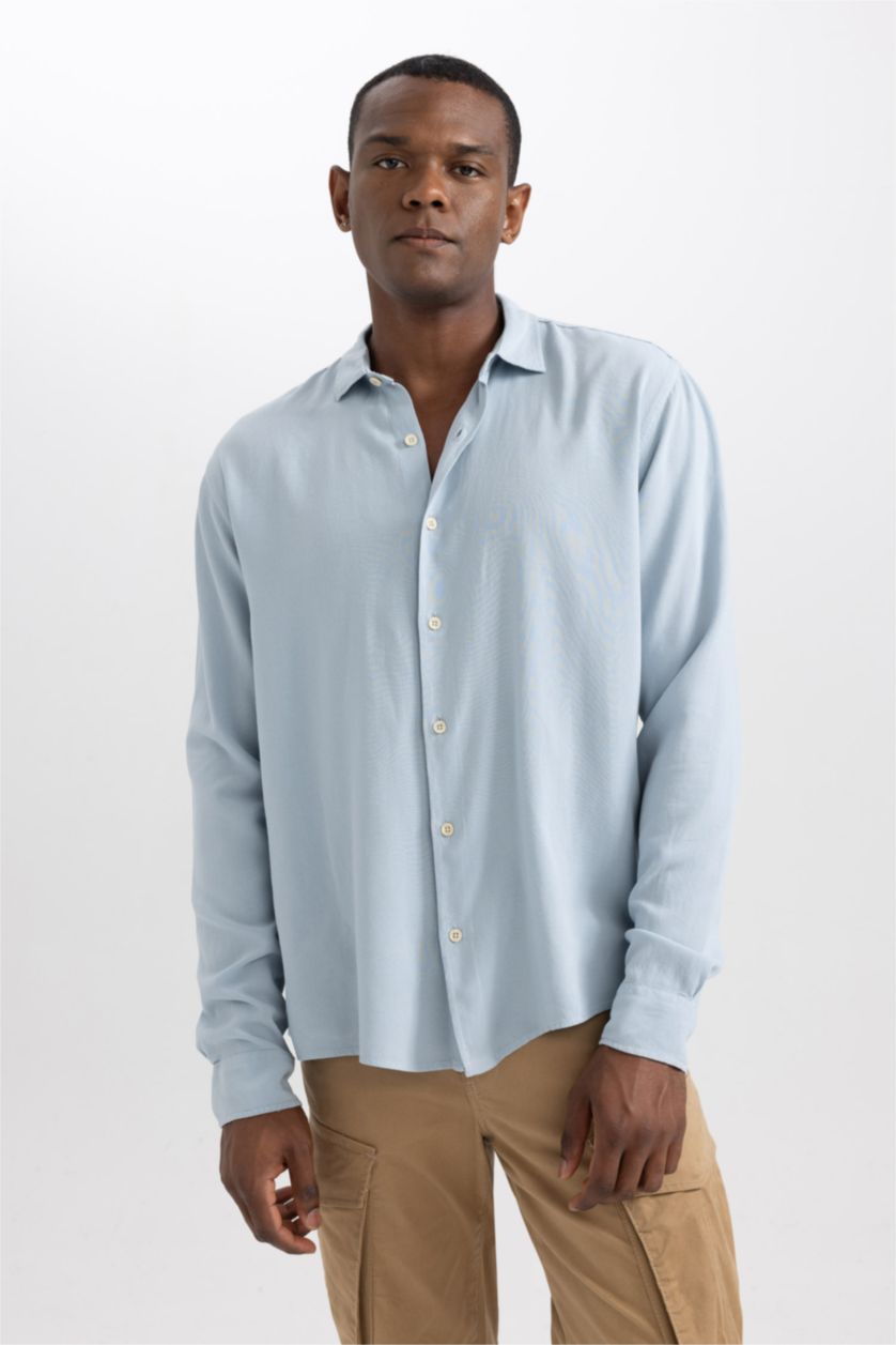 HOMME BLEU Clair Chemise En Lin Coupe Régulière À Manches Longues