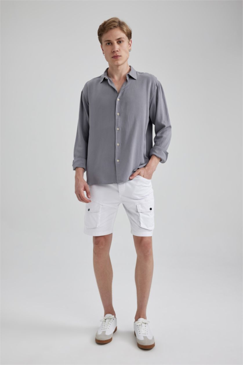 رجال رمادي قميص كتان قصة عادية كم طويل