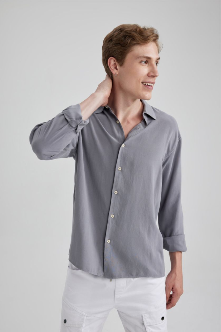 رجال رمادي قميص كتان قصة عادية كم طويل