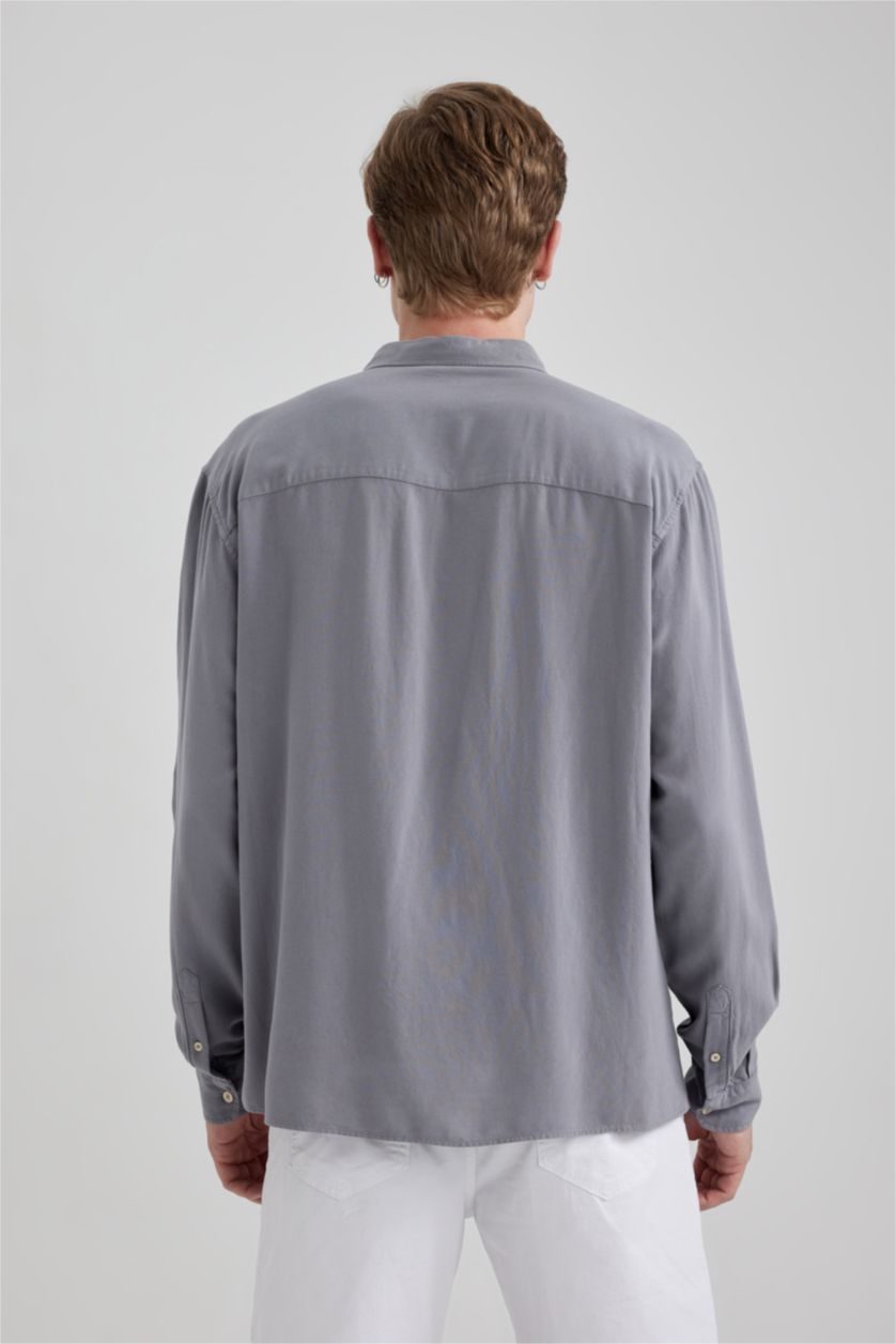 رجال رمادي قميص كتان قصة عادية كم طويل