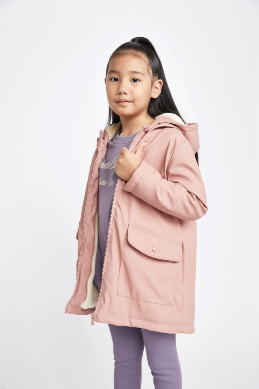 بنات وردي جاكيت مطر بغطاء للرأس