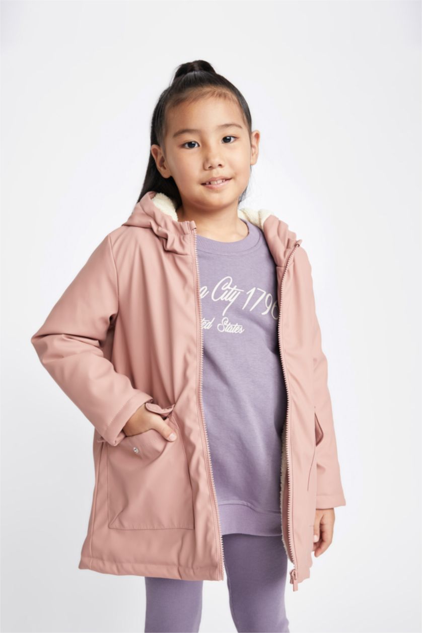 بنات وردي جاكيت مطر بغطاء للرأس