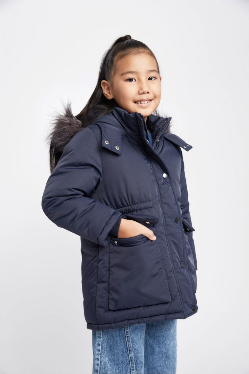 بنات كحلي قمصلة نفخ بناتي بغطاء للرأس مبطن بفرو إصطناعي