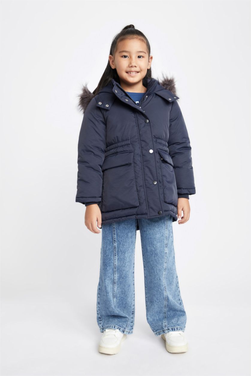 بنات كحلي قمصلة نفخ بناتي بغطاء للرأس مبطن بفرو إصطناعي