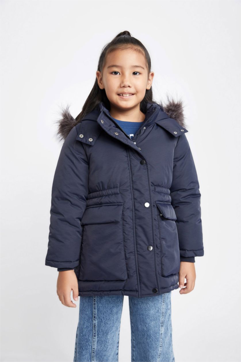 بنات كحلي قمصلة نفخ بناتي بغطاء للرأس مبطن بفرو إصطناعي