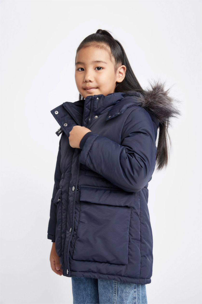 بنات كحلي قمصلة نفخ بناتي بغطاء للرأس مبطن بفرو إصطناعي