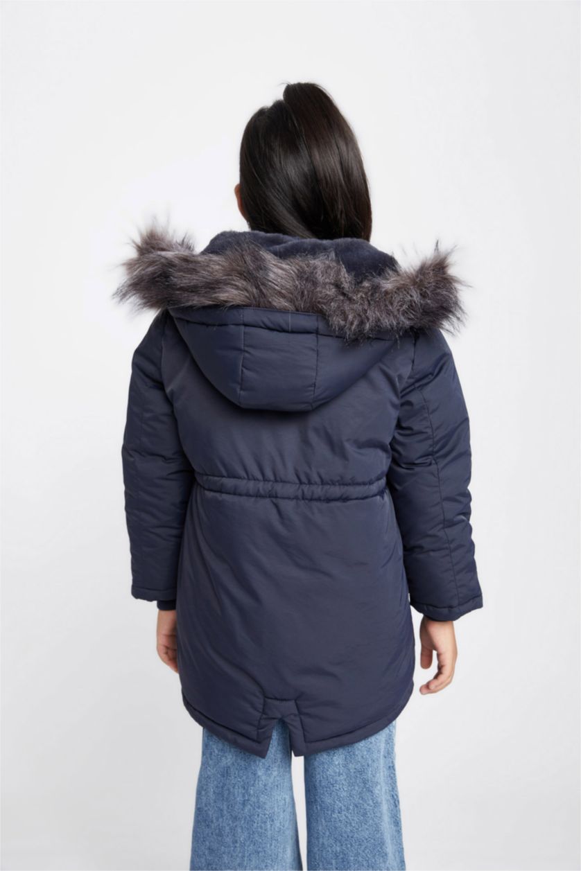 بنات كحلي قمصلة نفخ بناتي بغطاء للرأس مبطن بفرو إصطناعي