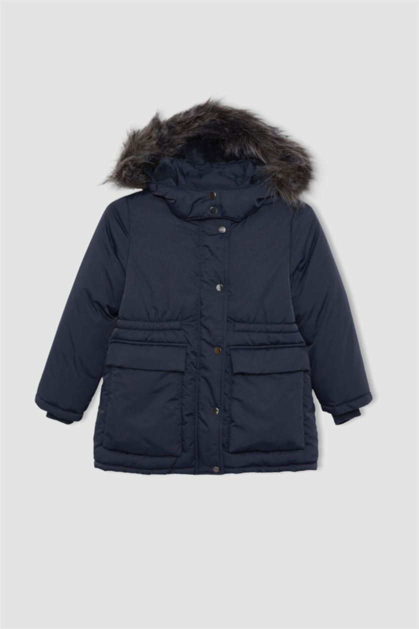 بنات كحلي قمصلة نفخ بناتي بغطاء للرأس مبطن بفرو إصطناعي