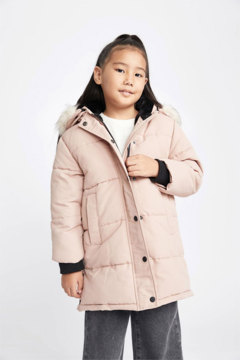 Kız Çocuk - Genç Kız Gülkurusu Kız Çocuk Çıkarılabilir Suni Kürk Yaka Kapüşonlu Suni Kürk Astarlı Mont Kaban