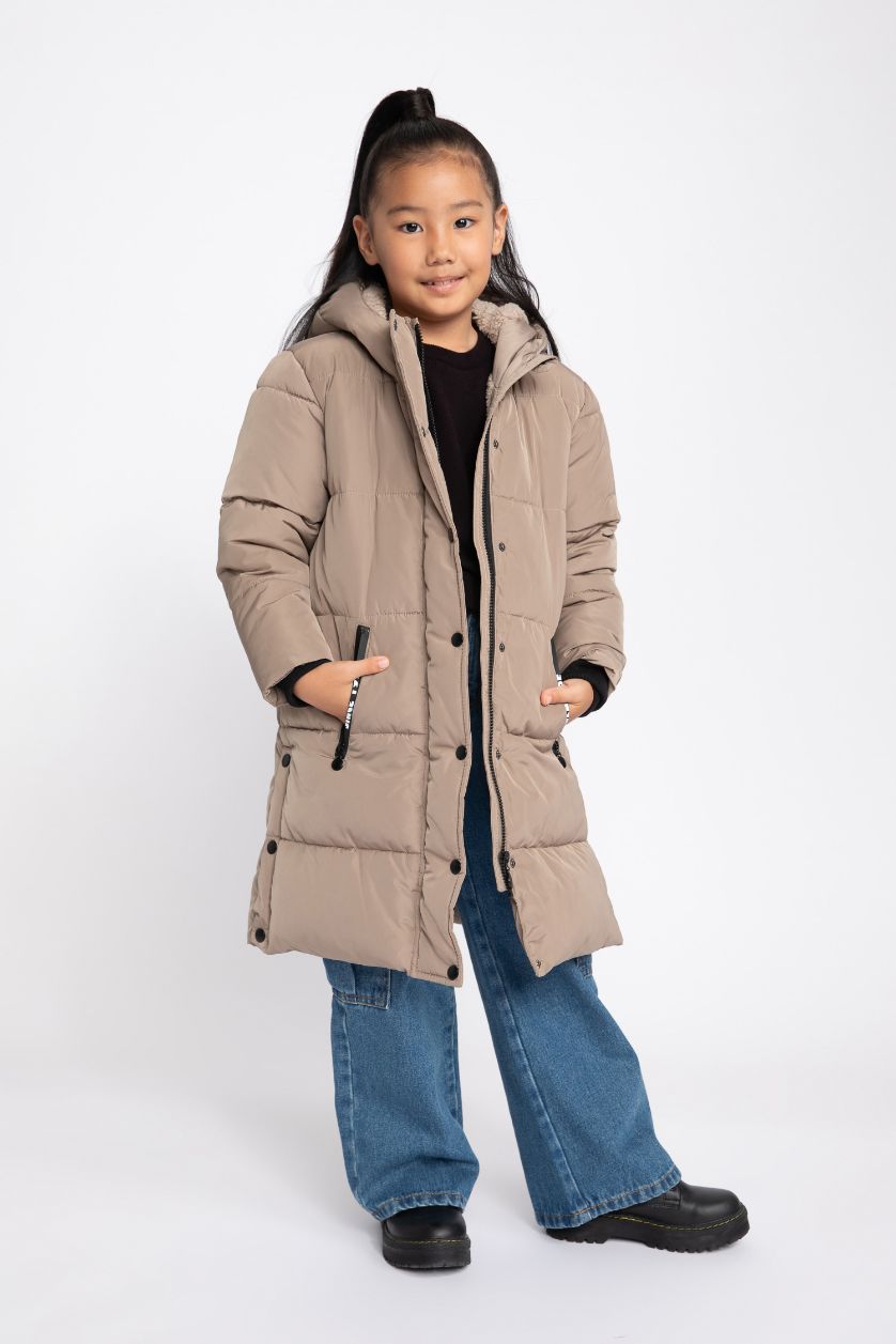 GIRLS & TEENS Beige Girl Waterproof Plush Lining Long Puffer Jacket