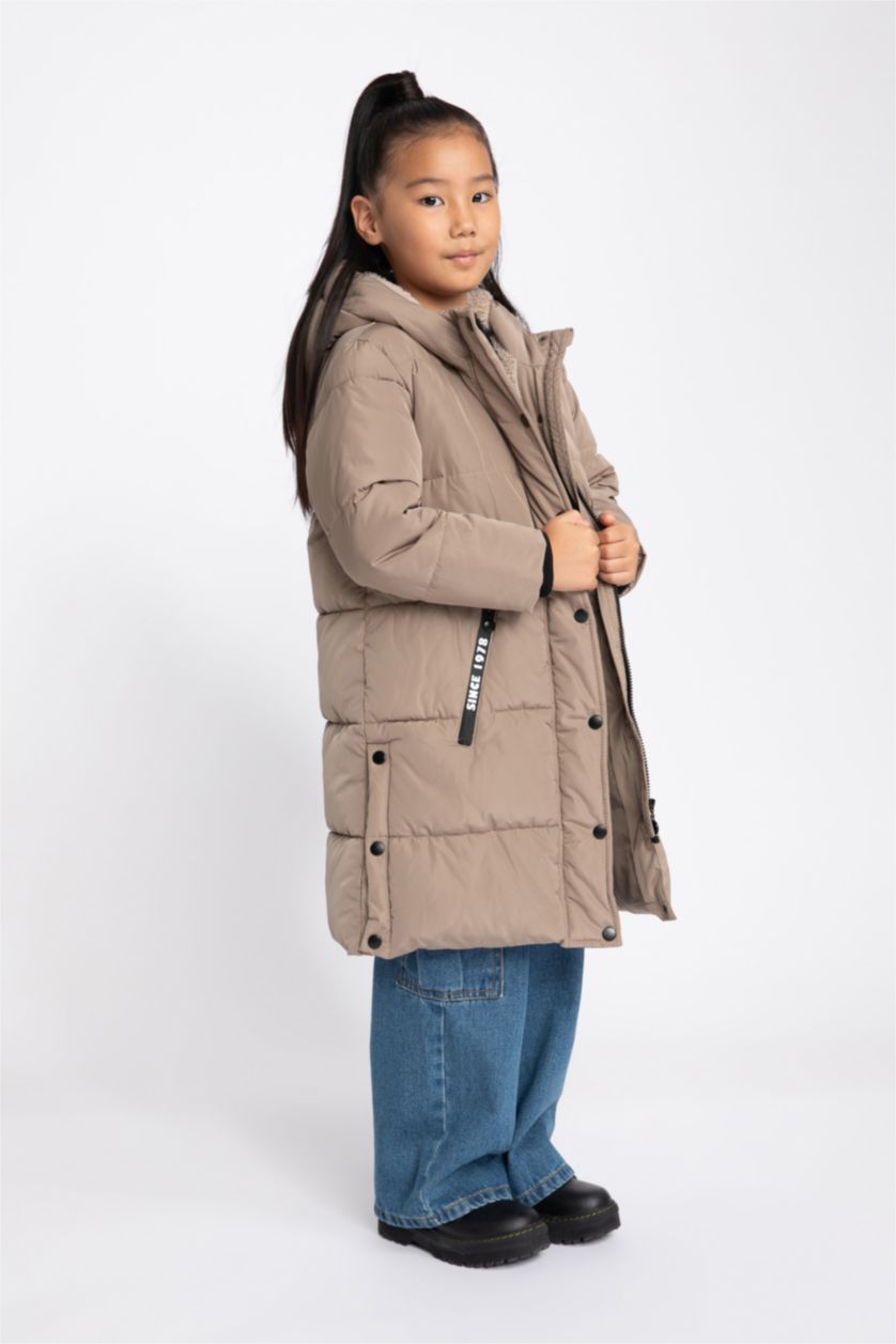 GIRLS & TEENS Beige Girl Waterproof Plush Lining Long Puffer Jacket