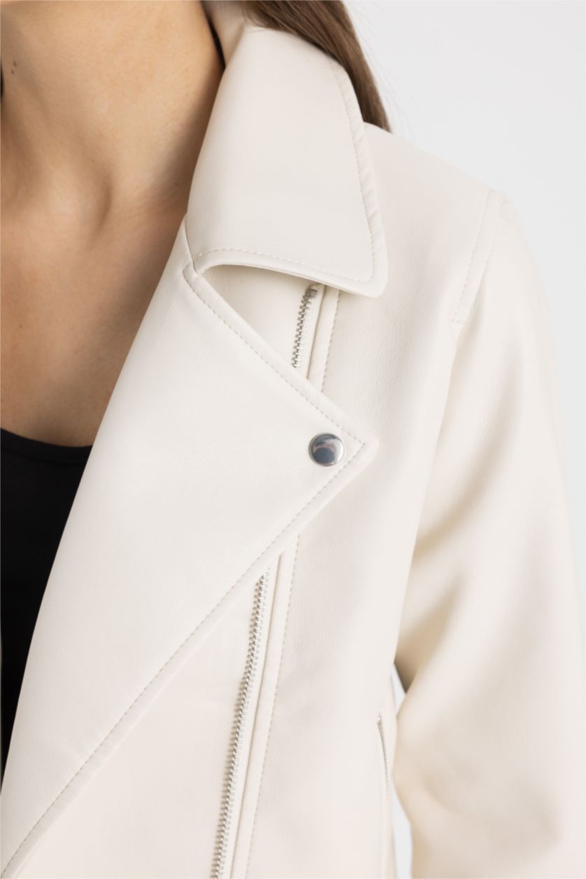 Kadın Kum Su İtici Kruvaze Yaka Fermuar Kapamalı Cepli Mevsimlik Suni Deri Ceket Mont